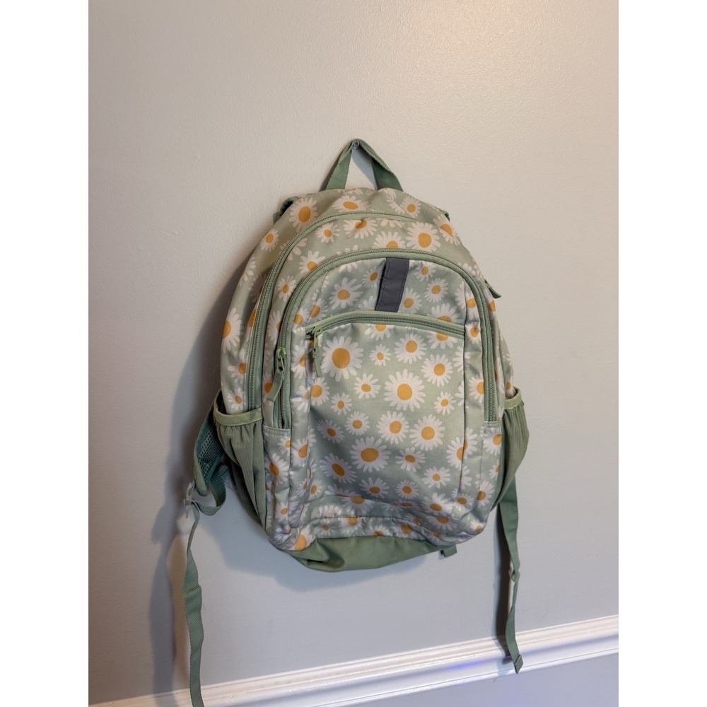Cute Kids Green Daisy Floral Backpack Front Zip Pocket Adjustable Straps